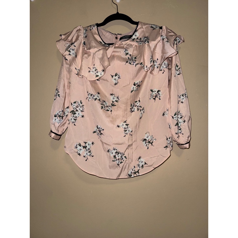 Lauren Ralph Lauren Cottagecore Pink Floral Cold Shoulder Ruffle Blouse M Office